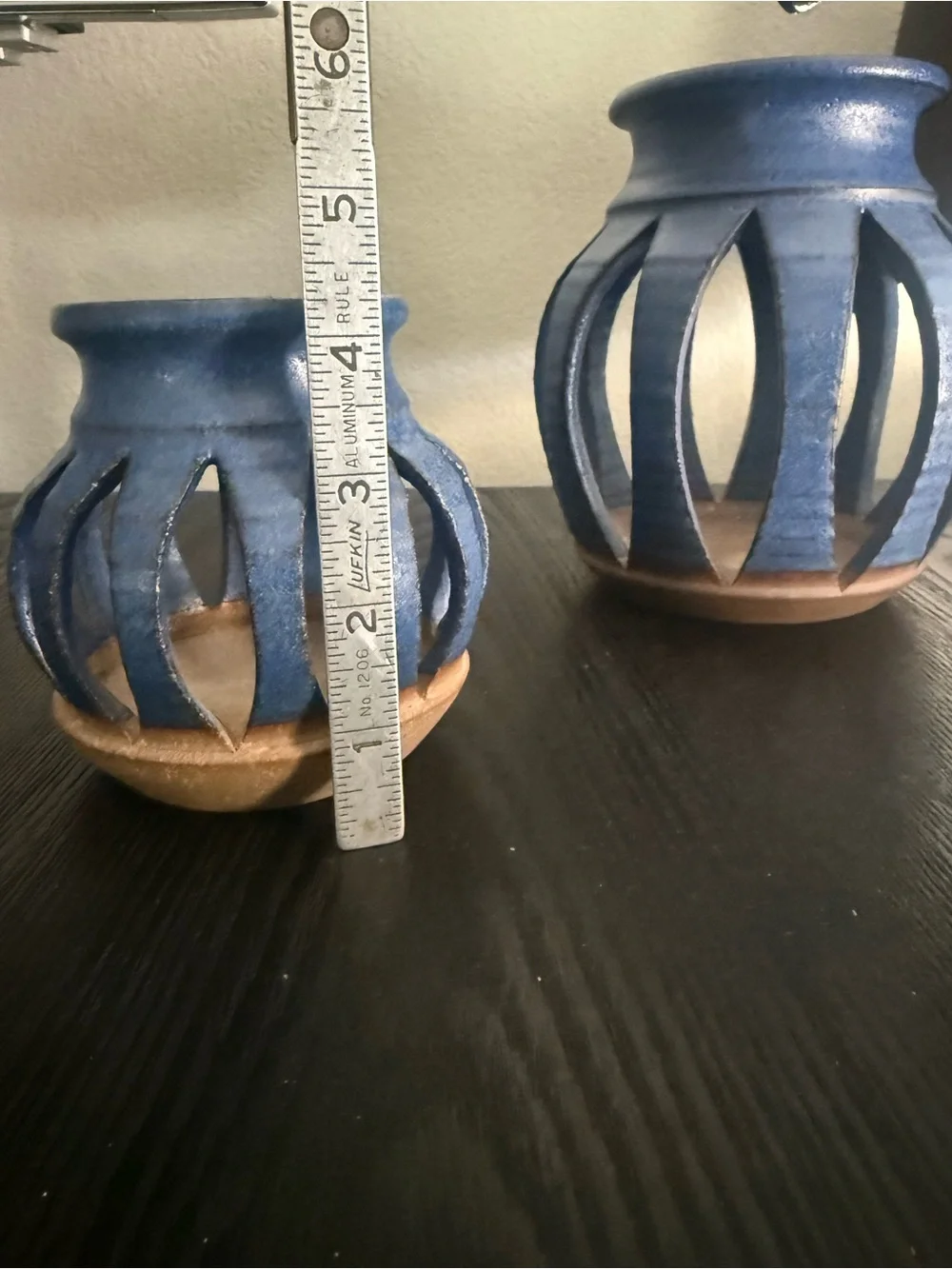 Handmade Blue Pottery Stoneware Cutout Vase Candle Holder Lantern (set of 2)